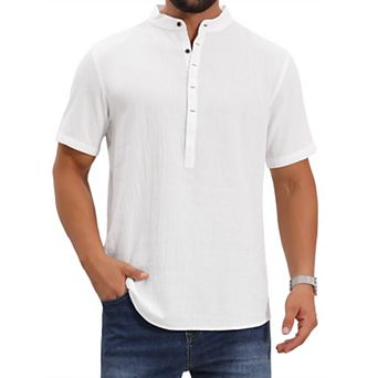 Men's Casual Henley Shirt Band Collar Short Sleeve Summer Beach Linen Shirts