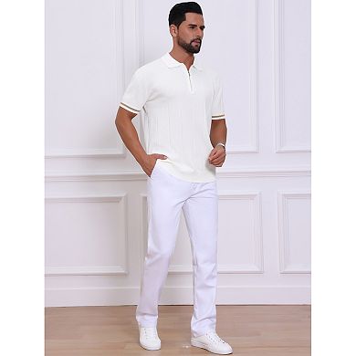 Men's Textured Polo Shirt Zip Up Ribbed Hem Short Sleeve Golf Polo Shirts