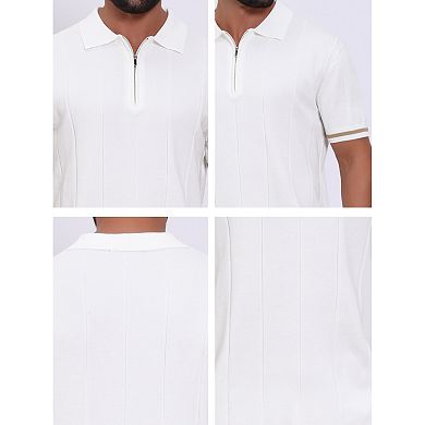 Men's Textured Polo Shirt Zip Up Ribbed Hem Short Sleeve Golf Polo Shirts