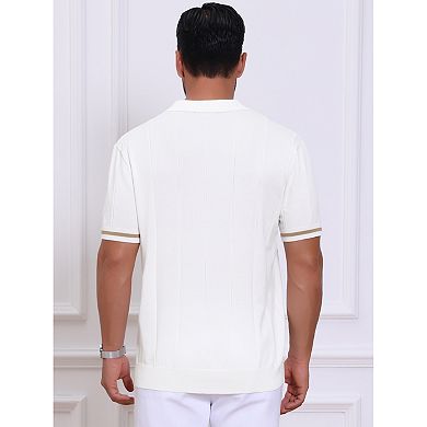 Men's Textured Polo Shirt Zip Up Ribbed Hem Short Sleeve Golf Polo Shirts