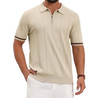 Men's Textured Polo Shirt Zip Up Ribbed Hem Short Sleeve Golf Polo Shirts