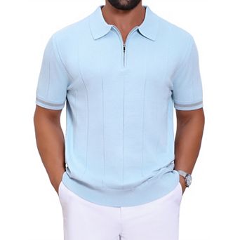 Men's Textured Polo Shirt Zip Up Ribbed Hem Short Sleeve Golf Polo Shirts