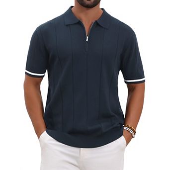 Men's Textured Polo Shirt Zip Up Ribbed Hem Short Sleeve Golf Polo Shirts