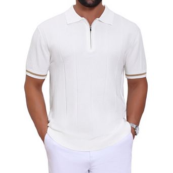 Men's Textured Polo Shirt Zip Up Ribbed Hem Short Sleeve Golf Polo Shirts