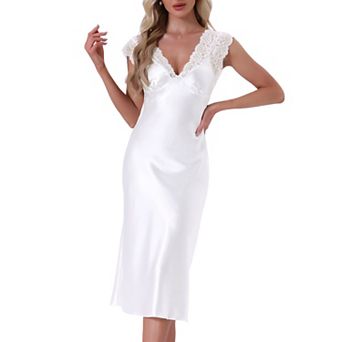 Women's Satin Tank Nightdress Lace Trim V-Neck Sleepwear Sleeveless Pajama Dress Midi Nightgowns