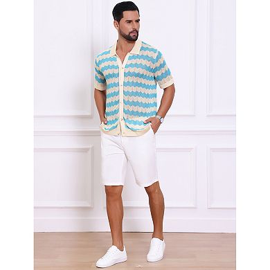 Men's Wave Crochet Shirts Hollow Out Short Sleeve Button Down Striped Knit Shirts