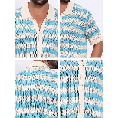 Men's Wave Crochet Shirts Hollow Out Short Sleeve Button Down Striped Knit Shirts