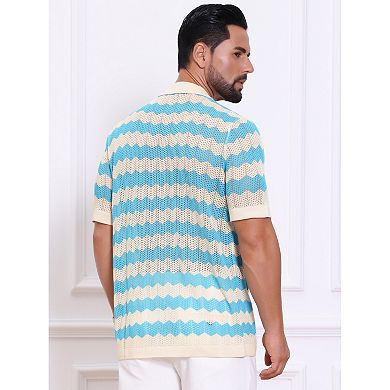 Men's Wave Crochet Shirts Hollow Out Short Sleeve Button Down Striped Knit Shirts