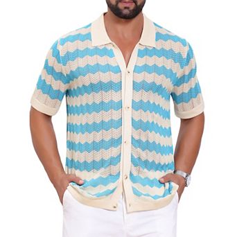 Men's Wave Crochet Shirts Hollow Out Short Sleeve Button Down Striped Knit Shirts
