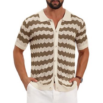 Men's Wave Crochet Shirts Hollow Out Short Sleeve Button Down Striped Knit Shirts