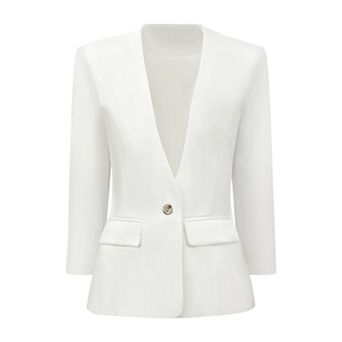 Women's V Neck Blazer Business Collarless Work 3/4 Sleeve Single Button Suit