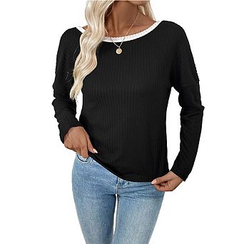 Women's Ribbed Long Sleeve Top Open Back Double Bow Contrast Trim Boat Neck Blouse