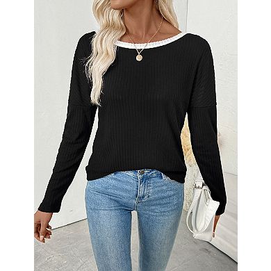 Women's Ribbed Long Sleeve Top Open Back Double Bow Contrast Trim Boat Neck Blouse
