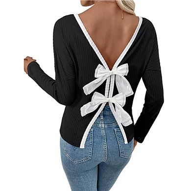 Women's Ribbed Long Sleeve Top Open Back Double Bow Contrast Trim Boat Neck Blouse