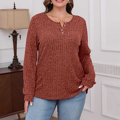 Women's Casual V - Neck Button Down Ribbed Knit Long Sleeve T - Shirt, Loose Fit Pullover Top