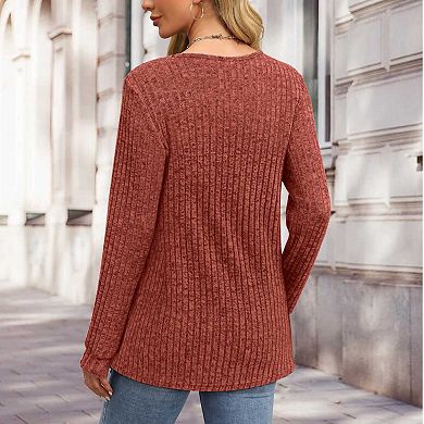 Women's Casual V - Neck Button Down Ribbed Knit Long Sleeve T - Shirt, Loose Fit Pullover Top