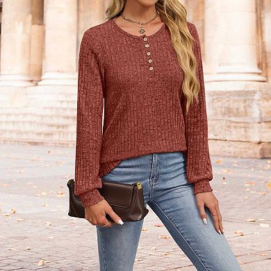 Women's Casual V - Neck Button Down Ribbed Knit Long Sleeve T - Shirt, Loose Fit Pullover Top