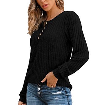 Women's Casual V - Neck Button Down Ribbed Knit Long Sleeve T - Shirt, Loose Fit Pullover Top