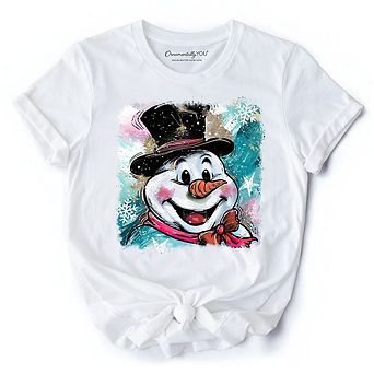 Brushstroke Cute Snowman T-Shirt, Preppy Merry Christmas Glitter Holiday Tee