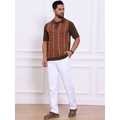 Men's Houndstooth Polo Shirts Summer Short Sleeve Casual Knit Polo Shirt