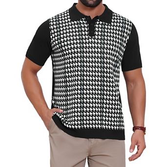 Men's Houndstooth Polo Shirts Summer Short Sleeve Casual Knit Polo Shirt