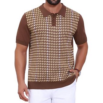 Men's Houndstooth Polo Shirts Summer Short Sleeve Casual Knit Polo Shirt