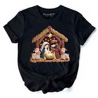 Nativity Holy Family Jesus Christmas T-Shirt, Imitation Latch Hook Yarn Cozy Christian Tee