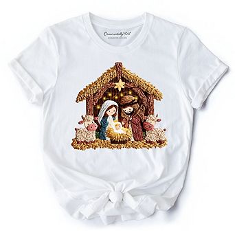 Nativity Holy Family Jesus Christmas T-Shirt, Imitation Latch Hook Yarn Cozy Christian Tee