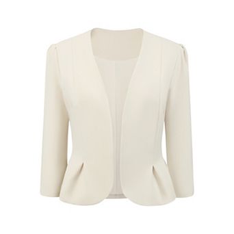 Women's Work Crop Blazer Open Front Collarless 3/4 Sleeve Peplum Suit Jacket