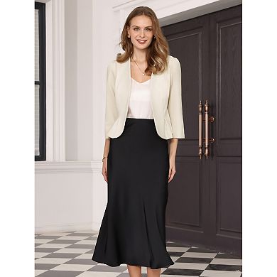 Women's Work Crop Blazer Open Front Collarless 3/4 Sleeve Peplum Suit Jacket