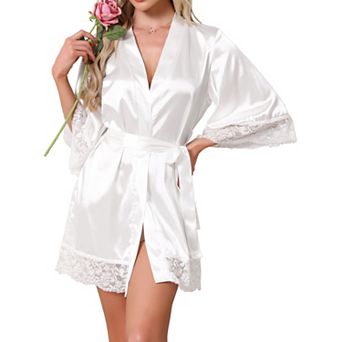 Women's Satin Robe Silky Lace Trim Bridal Party Tie Waist Wedding Bridesmaid Bathrobe