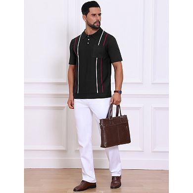 Men's Striped Knit Polo Shirt Chest Pocket Short Sleeve Vintage Golf Shirts