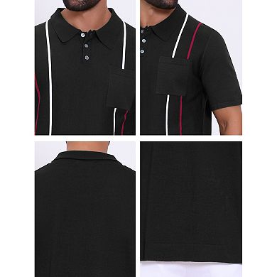 Men's Striped Knit Polo Shirt Chest Pocket Short Sleeve Vintage Golf Shirts