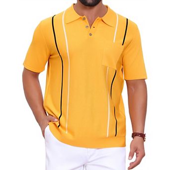 Men's Striped Knit Polo Shirt Chest Pocket Short Sleeve Vintage Golf Shirts