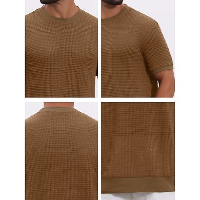 Men's Waffle Texture T-Shirt Short Sleeve Crew Neck Solid Casual Knitted T-Shirts