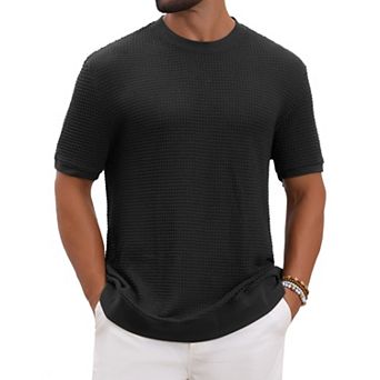 Men's Waffle Texture T-Shirt Short Sleeve Crew Neck Solid Casual Knitted T-Shirts