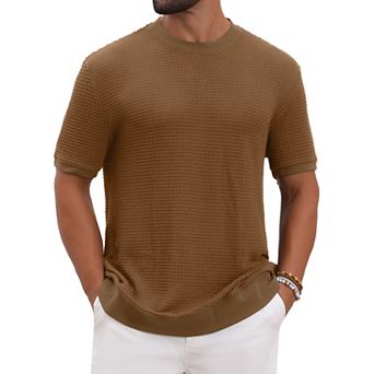Men's Waffle Texture T-Shirt Short Sleeve Crew Neck Solid Casual Knitted T-Shirts