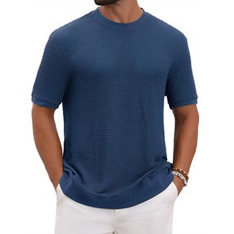 Men's Waffle Texture T-Shirt Short Sleeve Crew Neck Solid Casual Knitted T-Shirts