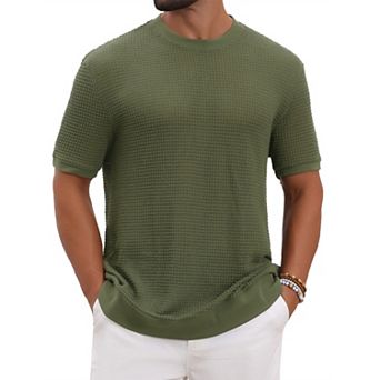 Men's Waffle Texture T-Shirt Short Sleeve Crew Neck Solid Casual Knitted T-Shirts