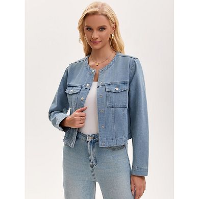 Women's Cropped Jean Jacket Collarless Western Long Sleeve Denim Jackets
