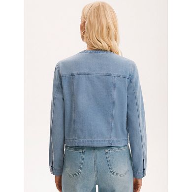 Women's Cropped Jean Jacket Collarless Western Long Sleeve Denim Jackets