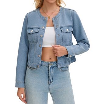 Women's Cropped Jean Jacket Collarless Western Long Sleeve Denim Jackets