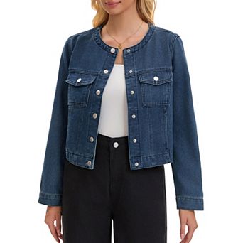 Women's Cropped Jean Jacket Collarless Western Long Sleeve Denim Jackets