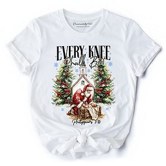 Every Knee Shall Bow Nativity Santa T-Shirt, Jesus Philippians 2:10 Christian Christmas Tee