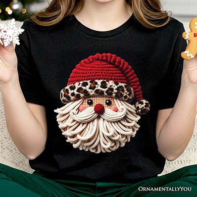 Santa Leopard Hat Christmas T-Shirt, Imitation Latch Hook Yarn Cozy Tee