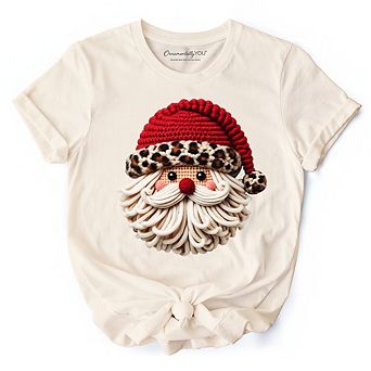Santa Leopard Hat Christmas T-Shirt, Imitation Latch Hook Yarn Cozy Tee
