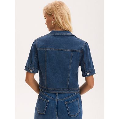 Women's Cropped Jean Jacket Short Sleeve Button Down with Pockets Classic Denim Jackets