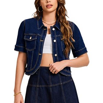 Women's Cropped Jean Jacket Short Sleeve Button Down with Pockets Classic Denim Jackets