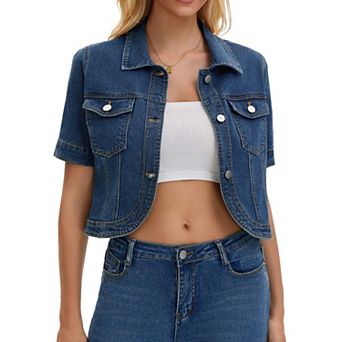 Women's Cropped Jean Jacket Short Sleeve Button Down with Pockets Classic Denim Jackets