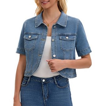 Women's Cropped Jean Jacket Short Sleeve Button Down with Pockets Classic Denim Jackets